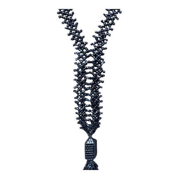 Handmade Black Beaded Necklace Tassel Vintage Antique Flapper Formal Art Deco - Picture 3 of 6
